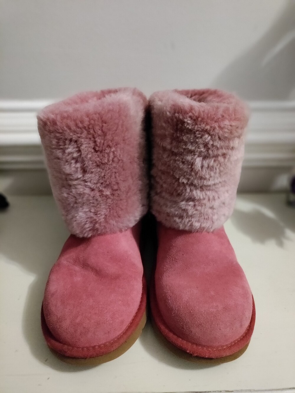 UGG Australia Pink Sheepskin Suede Winter Boots Fur Cuff Buckle Women's Size 5